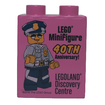 Lego Duplo Brick 1 x 2 x 2 with 'LEGOLAND Discovery Centre LEGO Minifigure 40TH Anniversary!' Police Officer Print