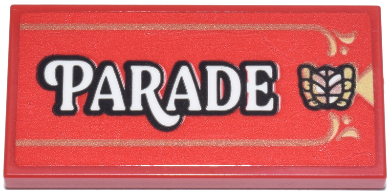 Lego Tile 2 x 4 with Dark Tan and Tan Lines and Emblem and Black and White 'PARADE' Pattern (Sticker) - Set 40913 / Red