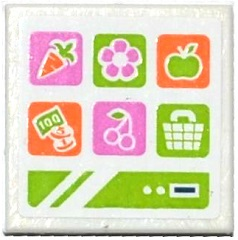 Lego Road Sign 2 x 2 Square with Open O Clip with Carrot, Flower, Apple, Money, Cherry and Basket Icons on Screen Pattern (Sticker) - Set 41108