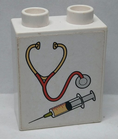Lego Duplo, Brick 1 x 2 x 2 with Stethoscope / Syringe Pattern (Sticker) - Set 9226 / White