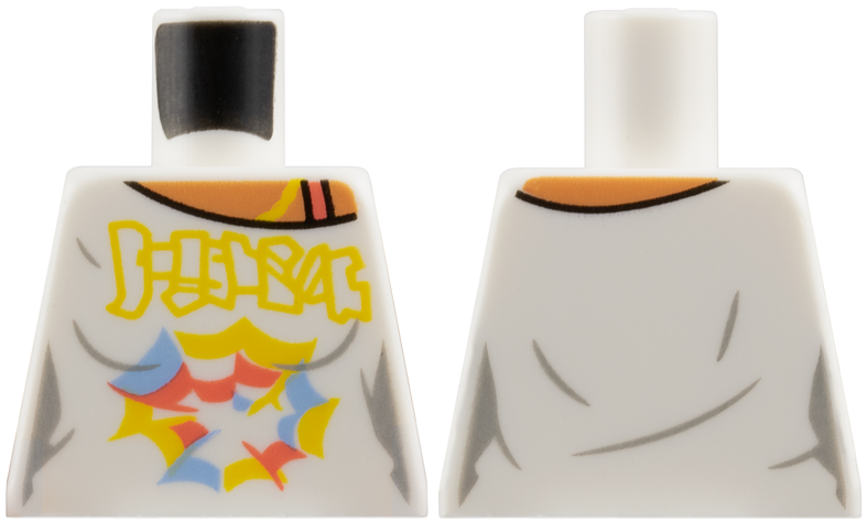 Lego Torso Female Shirt with Yellow, Coral, and Bright Light Blue Markings, Nougat Neck and Shoulder with Strap Pattern / White