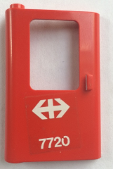 Lego Door 1 x 4 x 5 Train Left, Thin Support at Bottom with White Double Arrow (Swiss Federal Railways) and '7720' Pattern (Sticker) - Set 7720