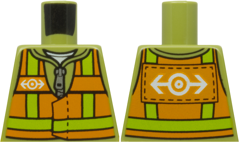 Lego Torso Jacket with Silver Zipper, Orange Safety Vest with Lime Reflective Stripes and White Train Logo Pattern / Olive Green