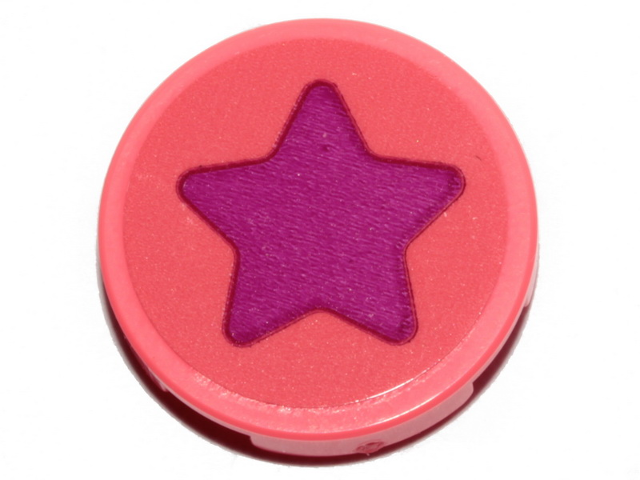 Lego Tile, Round 2 x 2 with Bottom Stud Holder with Magenta Star Pattern (Sticker) - Set 70828 / Coral