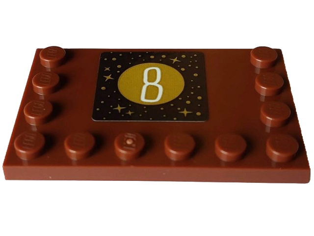 Lego Tile, Modified 4 x 6 with Studs on Edges with White Number 8 and Gold Circle, Stars and Dots on Dark Brown Square Pattern (Sticker) - Set 4002023