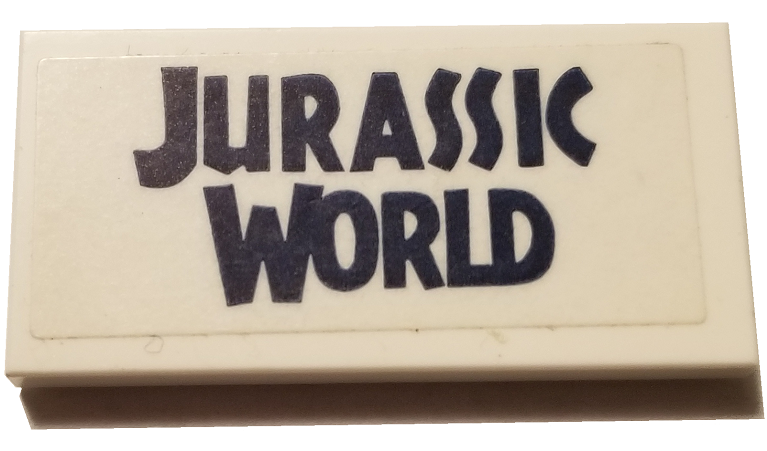 Lego Tile 2 x 4 with Dark Blue 'JURASSIC WORLD' Pattern (Sticker) - Set TRUJWGATE / White