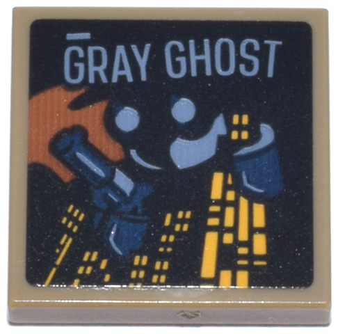 Lego Tile 2 x 2 with Sand Blue and Dark Blue Eyes, Hand and Gun, 'GRAY GHOST', Bright Light Orange Building Windows and Dark Orange Sky Pattern (Sticker) - Set 76271