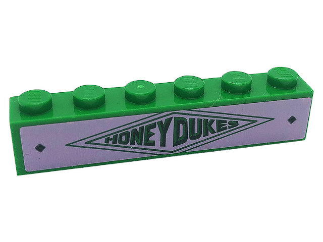 Lego Brick 1 x 6 with Dark Green 'HONEYDUKES' and Diamonds on Bright Pink Background Pattern (Sticker) - Set 76388