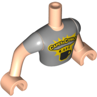 Lego Minidoll Torso Man with Dark Gray Short Sleeves T-Shirt with 'Capes&Cowls CAFE' and Cup logo - Light Nougat Arms and Hands