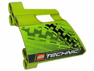 Lego Technic, Panel Fairing #23 Large Short, Small Hole, Side B with Tire Marks and LEGO TECHNIC Logo Pattern (Sticker) - Set 8291 / Lime