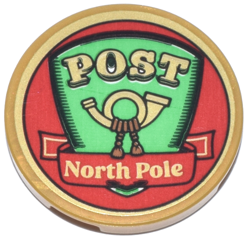 Lego Tile, Round 3 x 3 with Sign with Bright Green Shield, Red Banner, Gold Mail Horn, 'POST' and 'North Pole' Pattern (Sticker) - Set 10339