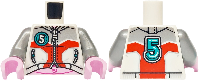 Lego Torso Jacket with Pockets and Zippers, Silver and Red Panels, Bright Pink Stomach, Dark Turquoise Number 5 on Front and Back Pattern / Flat Silver Arms / Bright Pink Hands