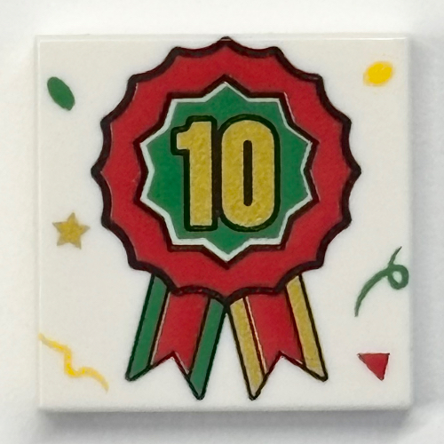 Lego Tile 2 x 2 with Green/Red Ribbon, Gold '10' Print / White
