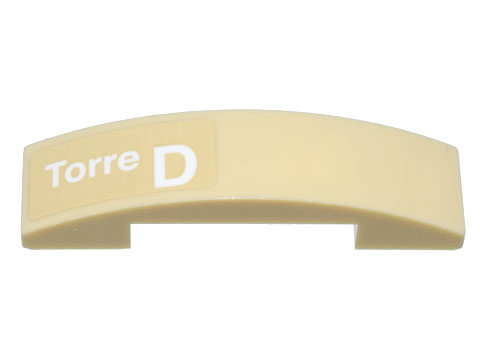 Lego Slope, Curved 4 x 1 x 2/3 Double with White 'Torre D' Pattern Model Right Side (Sticker) - Set 10299 / Tan