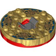 Lego Turntable 6 x 6 Round Red Base with Pearl Gold Top with Gold Faces on Blue Print (Ninjago Spinner) / Pearl Gold