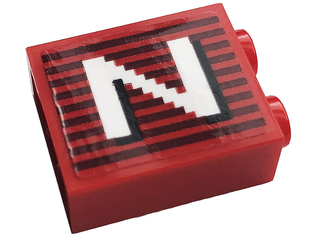 Lego Brick 1 x 2 x 2 with Inside Stud Holder with Gray Stripes and White Capital Letter N Pattern Model Right Side (Sticker) - Set 10272 / Red