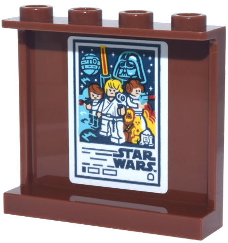 Lego Panel 1 x 4 x 3 with Side Supports - Hollow Studs with Movie Poster, Dark Blue 'STAR WARS' Logo and Luke, Han Solo, Leia and Darth Vader Pattern (Sticker) - Set 43302 / Reddish Brown