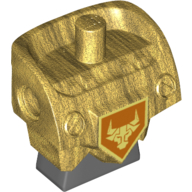 Lego Minifig Torso Modified, Armor with Pin Holes with Orange and Gold Circuitry and Gold Bull Head on Orange Pentagonal Shield Print / Pearl Gold