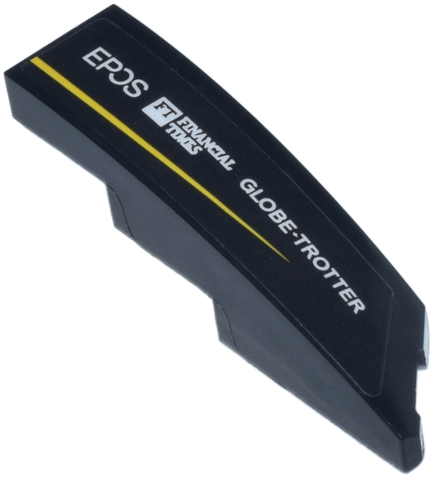 Lego Wedge 4 x 1 Left with White 'EPOS' 'FINANCIAL TIMES' and 'GLOBE-TROTTER' Logo and Yellow Stripe Pattern (Sticker) - Set 77245