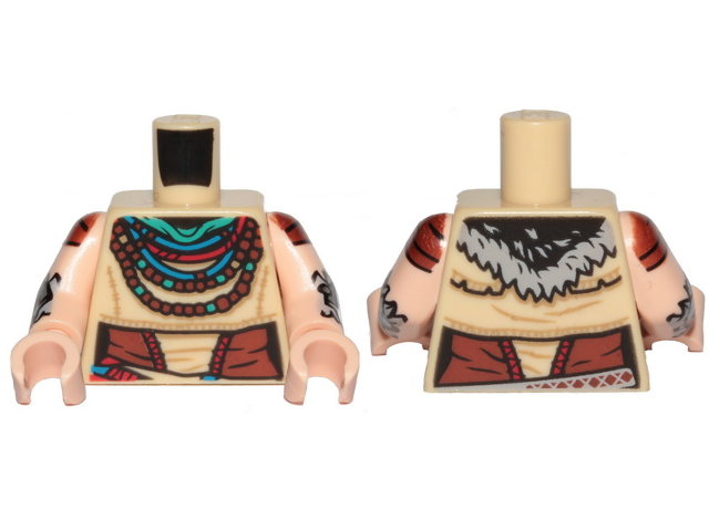 Lego Torso Female Robe, Dark Turquoise Scarf, Red, Blue and Reddish Brown Necklaces, Low Skirt Flap Pattern / Light Nougat Arms with Sleeves, Silver and Dark Bluish Gray Armor Plates, Fur Trim Pattern / Light Nougat Hands