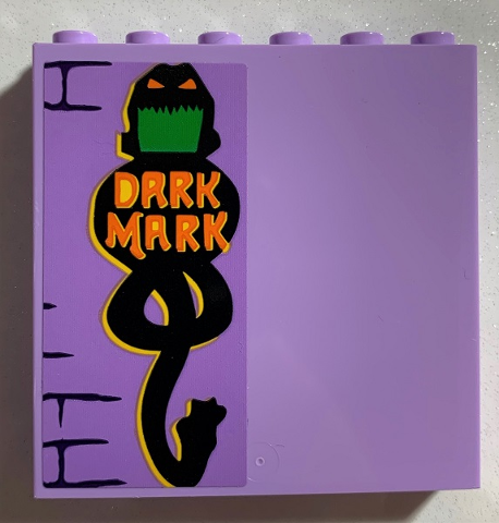 Lego Panel 1 x 6 x 5 with Brick Wall, Orange 'DARK MARK' on Black Monster Pattern (Sticker) - Set 75978 / Lavender