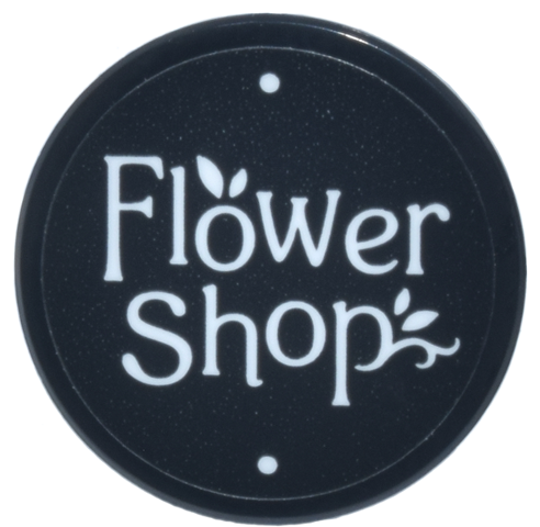 Lego Tile, Round 2 x 2 with Bottom Stud Holder with Sign with White 'Flower Shop' and Leaves Pattern (Sticker) - Set 42693 / Black