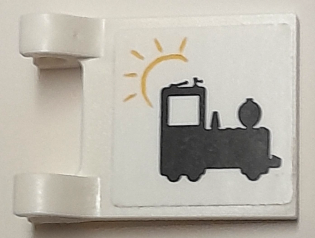 Lego Flag 2 x 2 Square with Flat Edge with Black Train Locomotive and Yellow Sun Pattern (Sticker) - Set 40166 / White