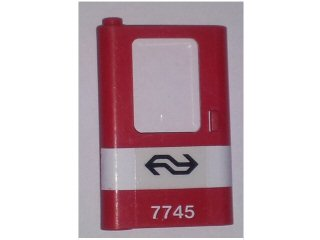 Lego Door 1 x 4 x 5 Train Left, Thin Support at Bottom with White Stripe and Dutch NS '7745' Pattern (Sticker) - Set 7745 / Red