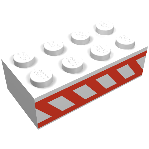 Lego Brick 2 x 4 with Angled Red Stripes Between Two Horizontal Red Stripes Print