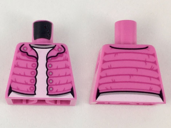 Lego Torso Female Puffy Coat Open with Magenta Gathers and Silver Buttons over White Shirt with Light Bluish Gray Collar Pattern / Dark Pink