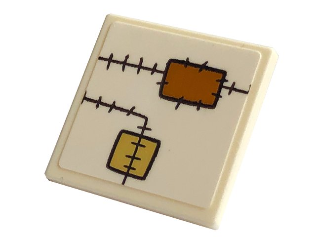 Lego Road Sign 2 x 2 Square with Open O Clip with Black Stitching, Medium Nougat and Tan Patches Pattern (Sticker) - Set 43220 / White