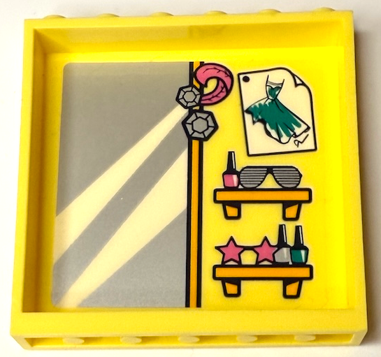 Lego Panel 1 x 6 x 5 with Silver Mirror and Gems, Picture of Dress, Sunglasses and Nail Polish Bottles on Shelves Pattern (Sticker) - Set 41427 / Bright Light Yellow