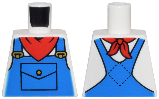 Lego Torso Blue Overalls, Pocket, Gold Buckles, and Red Bandana Pattern / White