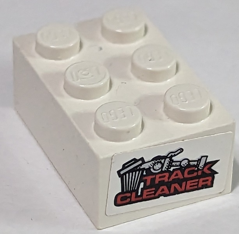 Lego Brick 2 x 3 with Trash Can and 'TRACK CLEANER' Pattern on Both Ends (Stickers) - Set 8182
