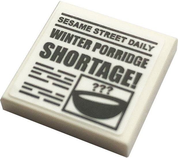 Lego Tile 2 x 2 with 'SESAME STREET DAILY' and 'WINTER PORRIDGE SHORTAGE!' Pattern (Sticker) - Set 21324