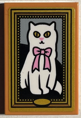 Lego Tile 2 x 3 with Picture of White Cat with Bright Pink Bow in Gold Frame Pattern (Sticker) - Set 76403