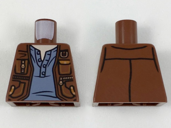 Lego Torso Vest with Pockets and Gold Clasps and Zippers over Sand Blue Shirt Pattern / Reddish Brown