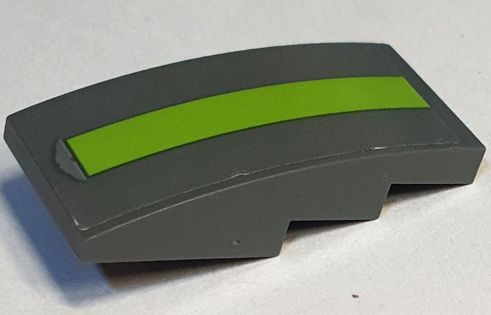 Lego Slope, Curved 4 x 2 with Lime Stripe and Aston Martin Logo Pattern (Sticker) - Set 76910 / Dark Bluish Gray