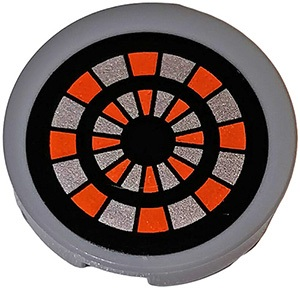 Lego Tile, Round 2 x 2 with Bottom Stud Holder with Black, Flat Silver and Orange Nexo Knights Target Pattern (Sticker) - Set 70317 / Light Bluish Gray