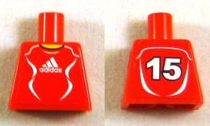 Lego Torso Soccer Uniform Red Shirt with White Adidas Logo, Curved Lines and Number 15 on Back, Yellow Neck Pattern (Stickers) / Red
