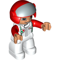 Lego Duplo Figure with Helmet with Open Visor, Red Helmet, White Legs & Race Top with Octan Logo, and Red Arms / [No Color/Any Color]