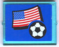 Lego Glass for Window 1 x 4 x 3 with United States of America (USA) Flag and Soccer Ball on Blue Background Pattern (Sticker) - Set 3406 / Trans-Light Blue