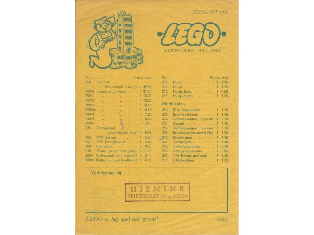 Lego 1958 Dutch Prijslijst (price list)