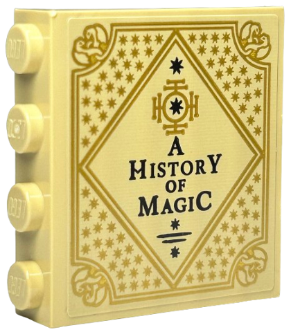 Lego Brick 1 x 4 x 3 with Black 'A HISTORY OF MAGIC' and Gold Ornate Book Cover with Stars Pattern (Sticker) - Set 76425 / Tan