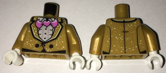 Lego Torso Jacket with White Speckles over Ruffled Shirt, Pink Bat Bow Tie, Two Black Buttons Pattern / Pearl Gold Arms with Speckles Pattern / White Hands