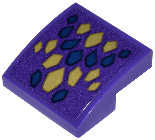 Lego Slope, Curved 2 x 2 x 2/3 with Pearl Gold and Dark Blue Dragon Scales Chevron Arrangement Pattern (Sticker) - Set 71836 / Dark Purple