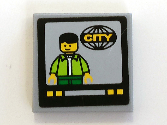 Lego Tile 2 x 2 with TV Screen with Man and 'CITY' Pattern (Sticker) - Set 7639 / Light Bluish Gray