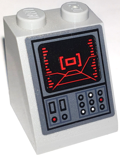 Lego Slope 65 2 x 2 x 2 with Bottom Tube with Black Head-Up Display (HUD) Screen with Red Lines and Control Panel with Lights and Buttons Pattern (Sticker) - Set 75217 / Light Bluish Gray