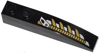 Lego Slope, Curved 6 x 1 with 2 Studs with Gold and Silver Mechanical Pattern Model Right Side (Sticker) - Set 76007 / Black