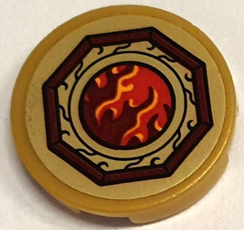Lego Tile, Round 2 x 2 with Bottom Stud Holder with Bright Light Orange, Dark Red and Red Flames with Reddish Brown Octagonal Border Pattern (Sticker) - Set 80039